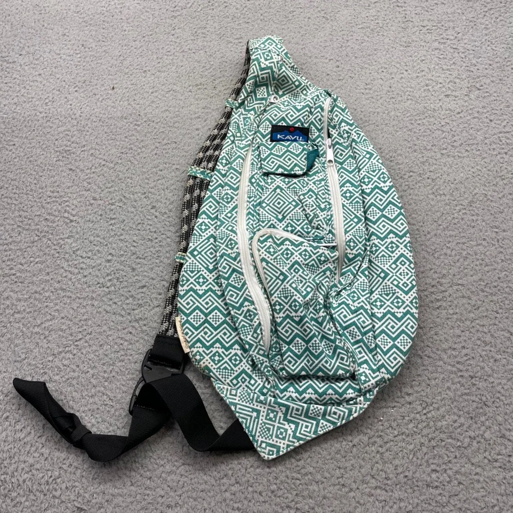 KAVU Rope Bag Crossbody Teal White Geometric Canvas Sling Backpack Travel Bag